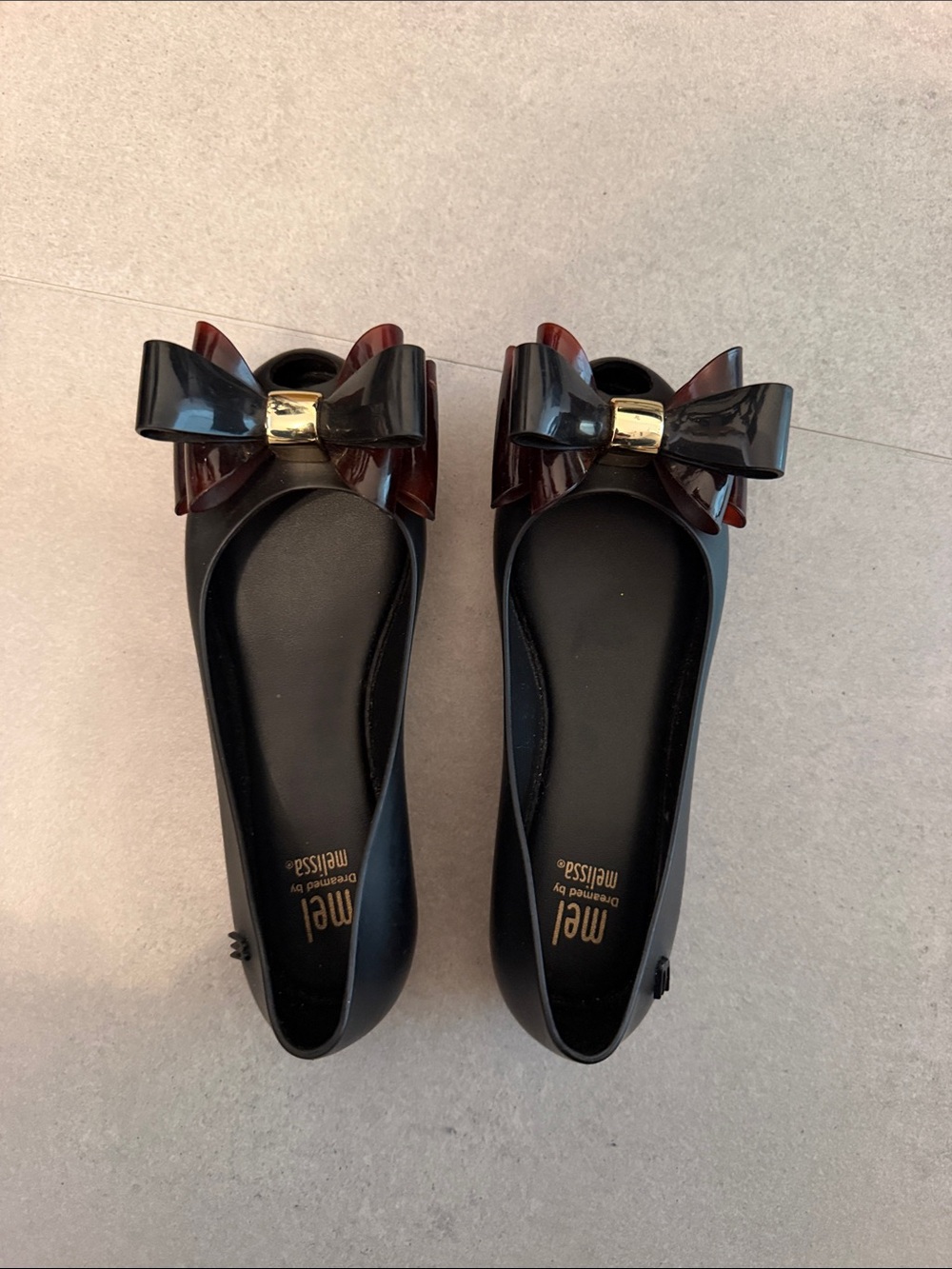 Melissa Black Ballet Flats with Tortoiseshell Bow and Gold Accent